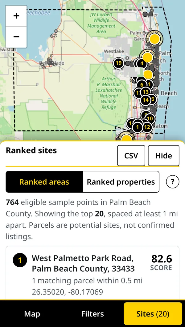 Phone view of the site finder: the map on top, a Ranked sites panel below with Ranked areas and Ranked properties tabs and the top-ranked site, and a bottom tab bar with Map, Filters, and Sites buttons.